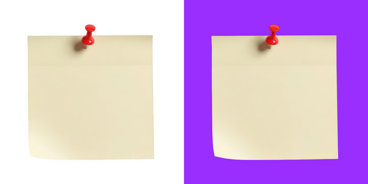 Square yellow sticky note with a red push pin attached on a clean and simple background transparent png