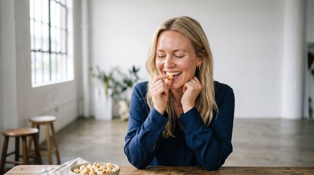 Happy blonde woman eating popcorn at wooden table in bright room