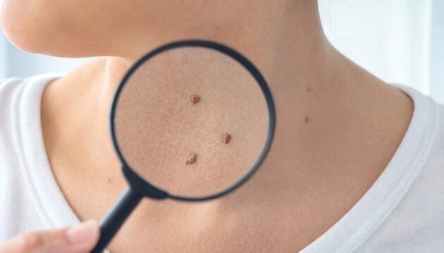 Person using a magnifying glass to inspect skin moles on neck