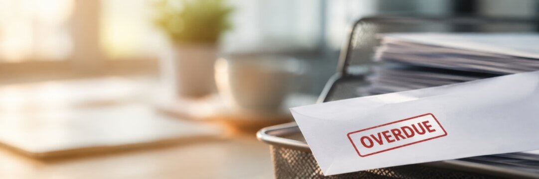Overdue Payment Notice Envelope in Office Document Tray for Accounts Receivable Management