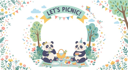 Fototapeta premium A charming vector illustration features two adorable pandas enjoying a festive picnic outdoors, surrounded by colorful flowers and party decorations.