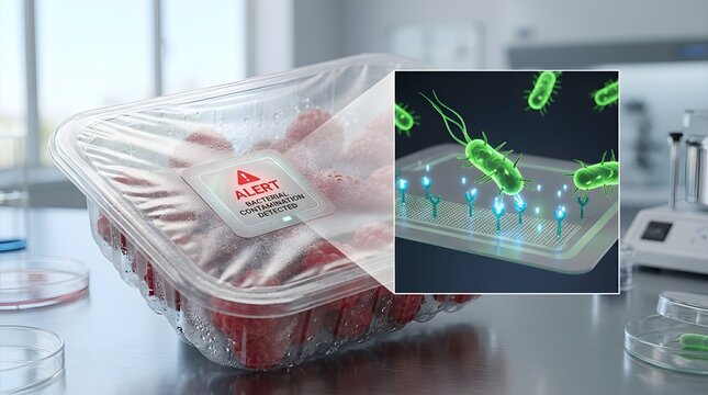 Smart food packaging sensor detecting bacterial contamination on raspberries with magnified view of microscopic interaction