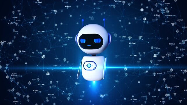 Futuristic robot character connected to global AI chat network with digital interface elements floating around