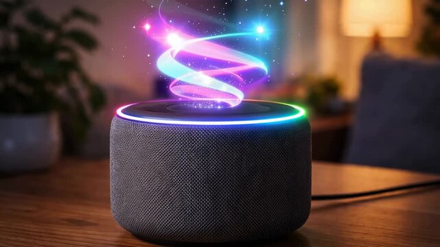 Smart speaker with colorful voice assistant hologram glowing above modern home device on wooden table