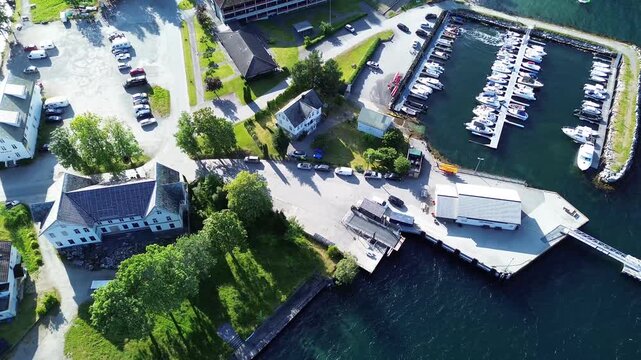 Drone View of Hellesylt Harbor, Marina and Waterfront in Norway