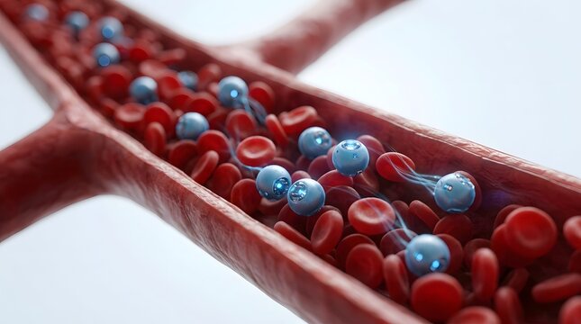 Nanobots navigating through blood vessel with red blood cells concept
