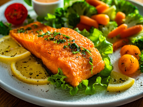 Fried salmon steak with boiled broccoli and mini carrots and mayonnaise on wooden table
