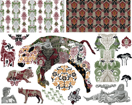 A calf in patterns symbolizing Italy. Also included are seamless patterns and design elements inspired by Italian tapestries.