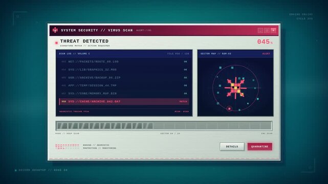 Virus scan interface detects malware, quarantines the threat, and confirms removal