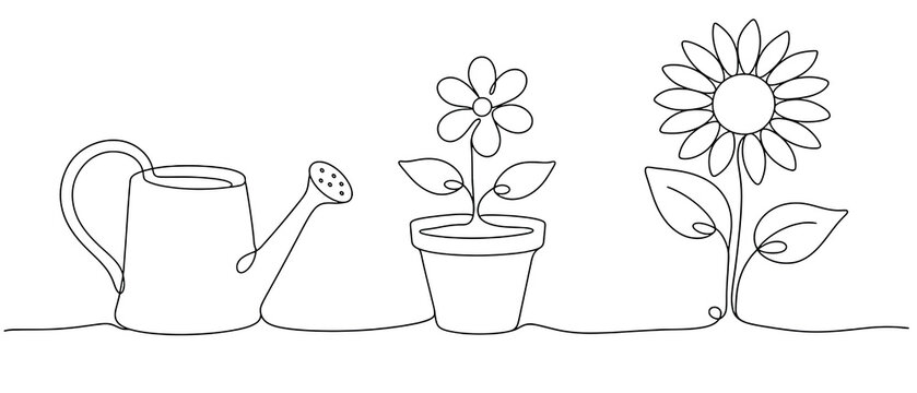 Continuous line drawing of a watering can, a potted flower, and a sunflower minimalist vector illustration of gardening tools and plants