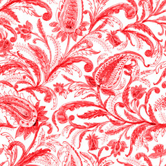 Watercolor marker floral paisley ornament seamless pattern in green. Oriental decorative background. Indian motif with abstract flowers and curves. Boho design. Vintage textile and wallpaper. © katyabogina