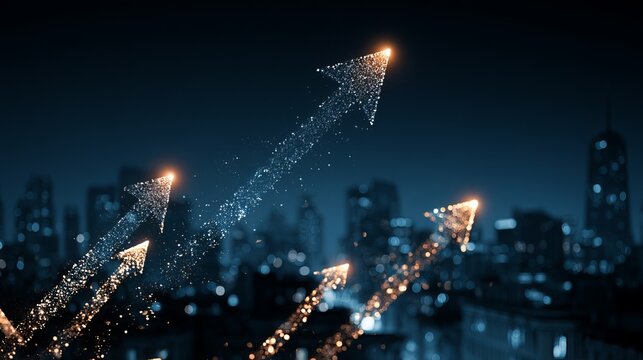 Radiant upward growth arrows illuminated against a futuristic cityscape skyline at night with glowing digital energy streams and distant lights