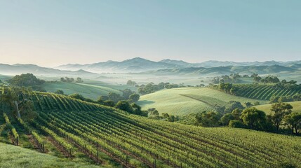 Fototapeta premium Rolling vineyard landscape with lush grapevines and misty hills under soft morning sunlight panorama