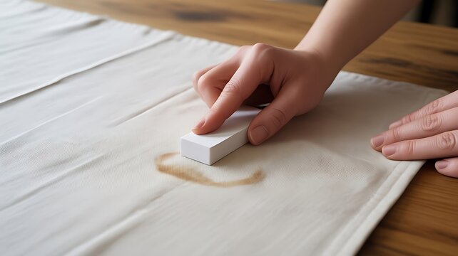 Person using a white eraser to remove a brown stain from a white fabric tablecloth on a wooden table, close up view of cleaning and maintenance