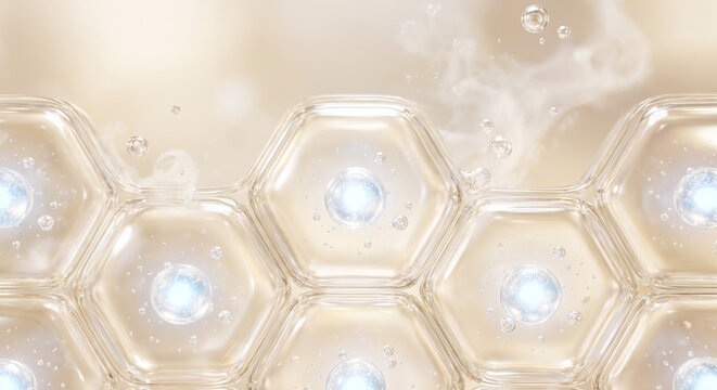 A highly detailed close-up image showcasing transparent hexagonal skin cells infused with oxygen bubbles, highlighting their intricate structure and texture.