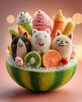 Cute kawaii baby animals sitting inside a giant tropical fruit bowl, watermelon, kiwi, orange slices, smiling faces, pastel ice cream, candy decorations.