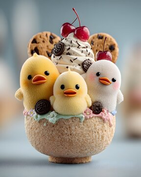 Adorable kawaii clay characters inside a giant ice cream cup, smiling ducklings, candy sprinkles, cherries, cookies, pastel whipped cream.
