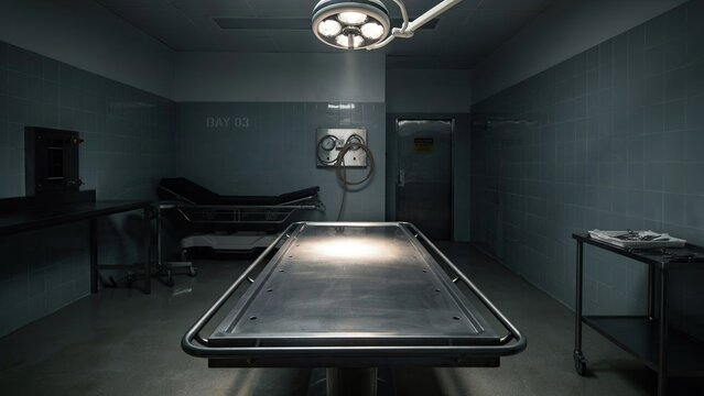 Sterile morgue bay interior with examination table and surgical lighting forensic investigation scene