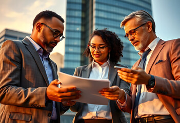 Obraz premium Diverse business professionals collaborating outdoors, reviewing documents and using a smartphone with modern city buildings in the background.