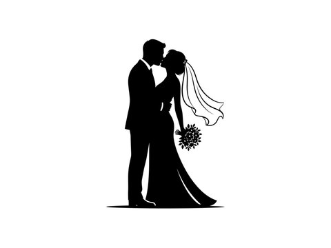 Silhouette of a bride and groom kissing