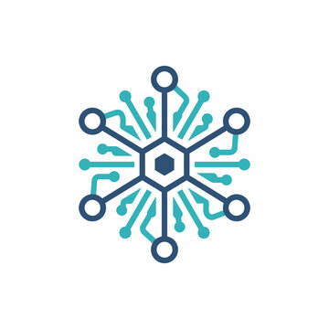 Blue hexagonal circuit board network node icon.