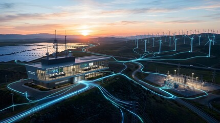 Naklejka premium Smart energy grid with control center, solar panels, wind turbines, and substation at sunset