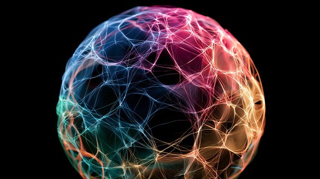 Radiant cosmic energy swirling in vibrant neon hues across a glowing spherical cosmic web of luminous energy fields