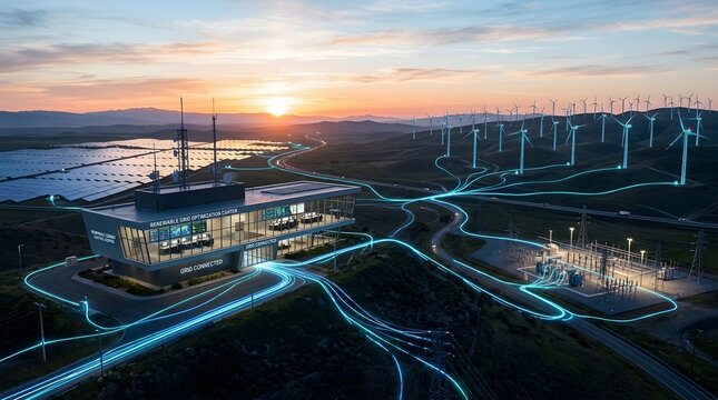 Smart energy grid with control center, solar panels, wind turbines, and substation at sunset