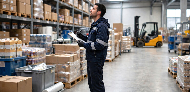 A warehouse worker or logistics coordinator carefully writing notes on a clipboard while reviewing inventory records and shipment information in a contemporary distribution facility. 