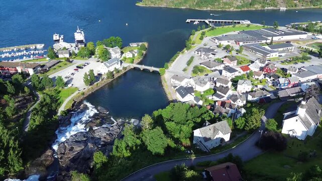Aerial Panorama Across Hellesylt Harbor and Mountain Village, Norway