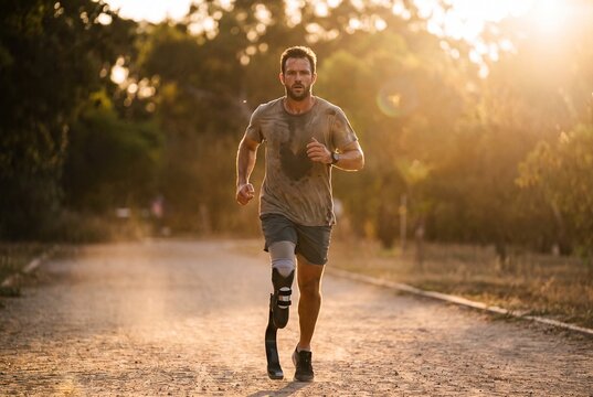 Determined Runner With Prosthetic Limb Sprinting Along Dusty Path At Sunset