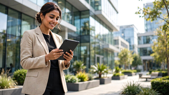  Confident Indian businesswoman wearing stylish smart casual attire standing outside a modern corporate office building, holding a digital tablet while smiling naturally reviewing business information