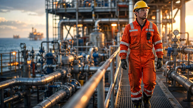 A professional offshore oil and gas worker walking through a modern production platform toward the main processing facility, wearing complete PPE including reflective flame-resistant coveralls.