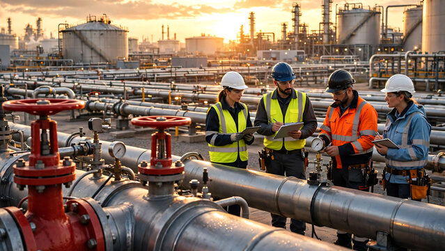 A team of industrial engineers and energy workers conducting inspections along an extensive network of oil and gas pipelines equipped with bright red control valves leading to large storage tanks. 