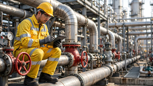 A professional male industrial worker wearing full personal protective equipment including a hard hat, safety glasses, reflective coveralls, protective gloves, performing a visual inspection of large 
