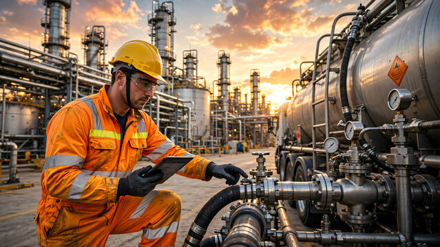 A professional male industrial worker wearing full personal protective equipment  performing a detailed safety inspection of a large fuel tanker truck at a modern petroleum distribution terminal. 