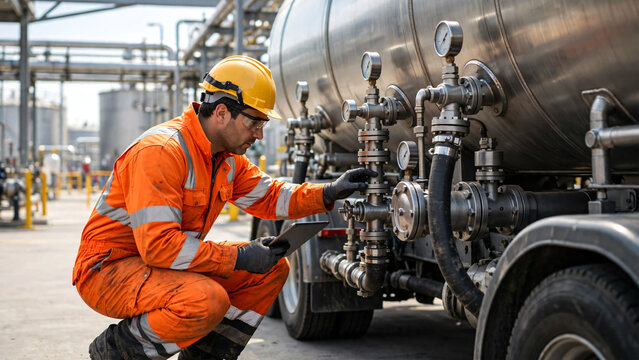 A professional male industrial worker wearing full personal protective equipment  performing a detailed safety inspection of a large fuel tanker truck at a modern petroleum distribution terminal. 