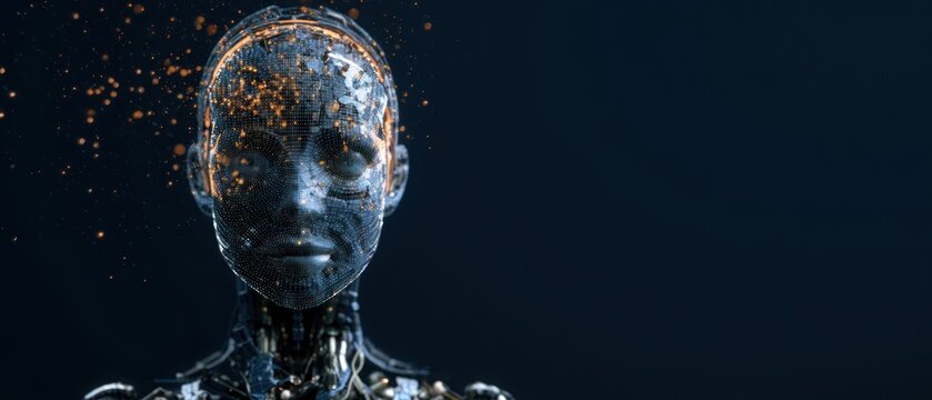Futuristic artificial intelligence robot head with metallic texture and glowing particles