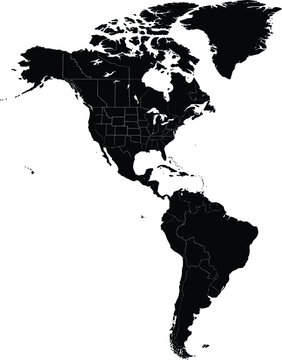 North and South America black silhouette map vector showing continent borders and western hemisphere geographic country outlines