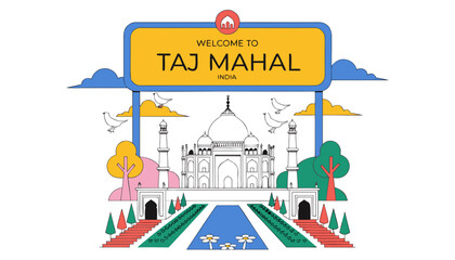 Very beautiful realistic vector of a classic travel welcome sign featuring a bold label reading "TAJ MAHAL INDIA", decorated with the iconic Taj Mahal monument, white marble domes, Mughal architecture © ehsanollah
