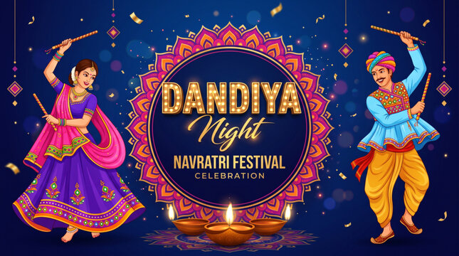 Colorful Dandiya Night Navratri Festival Poster with Traditional Indian Dancers and Decorative Mandala Background