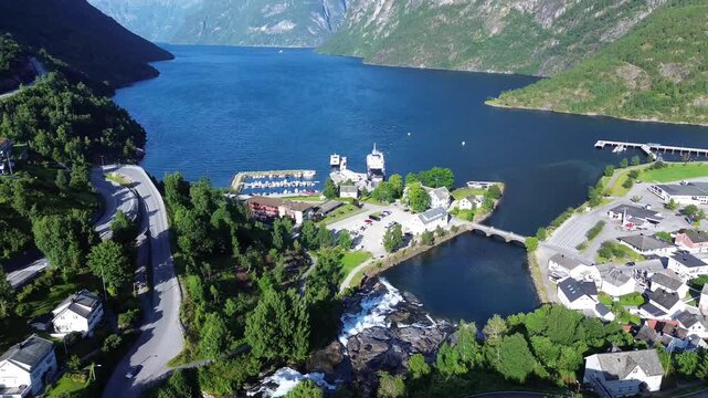 Drone Panorama of Hellesylt Village and Fjord in Western Norway