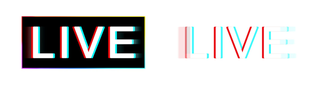 Modern Live text button label set with chromatic aberration glitch effect, isolated on transparent background.