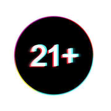 Age restriction sign 21 plus icon with chromatic aberration glitch effect on transparent background.