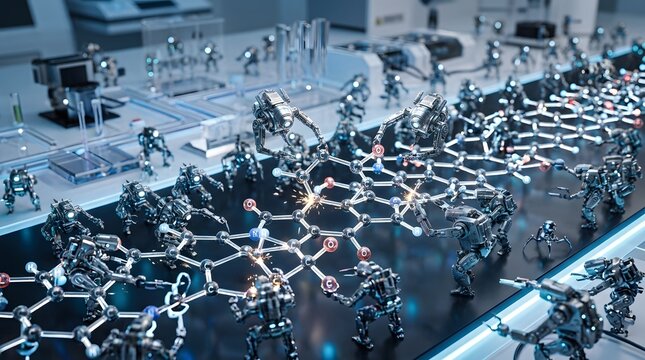 Nanobots performing precision molecular assembly on a chemical structure in a laboratory