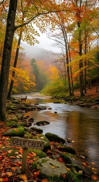 Autumn landscape featuring a flowing river surrounded by colorful trees