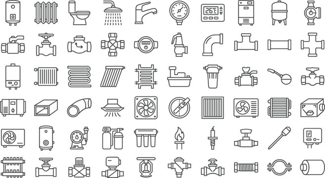 Plumbing heating and ventilation systems line icon set featuring hvac equipment pipes valves radiators water heaters and climate tools