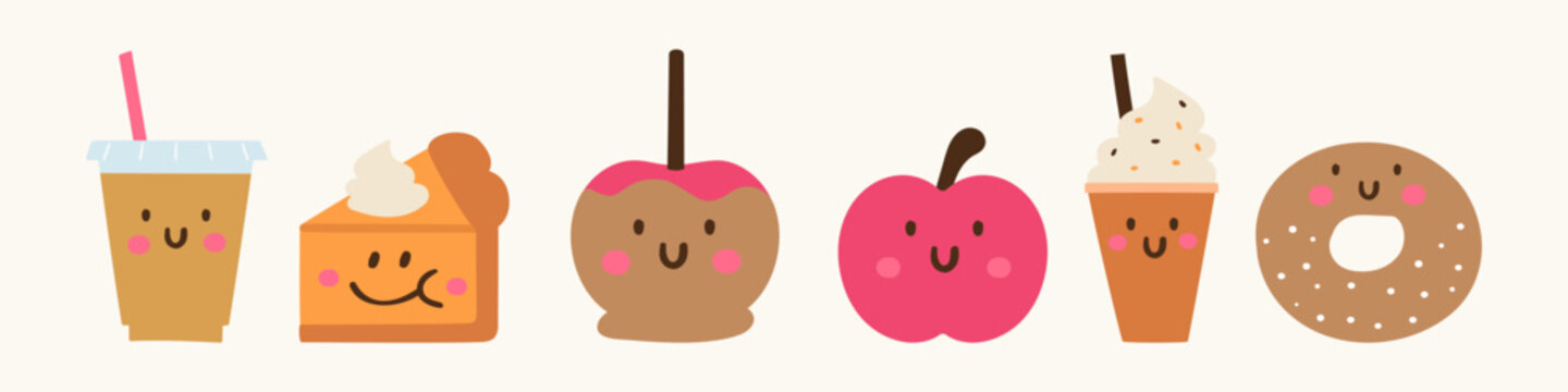 Minimalist cute autumn food and drink characters team set flat vector illustration funny thanksgiving bakery dessert mascot collection apple cider donut latte pumpkin pie isolated