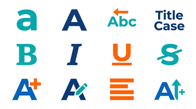 Typographic font style editing options and text formatting icons
