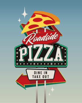 Vintage neon pizza slice sign with roadside arrow, retro diner billboard vector illustration